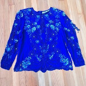 Silk fully beaded floral long sleeve blue blouse shirt top vintage nite line